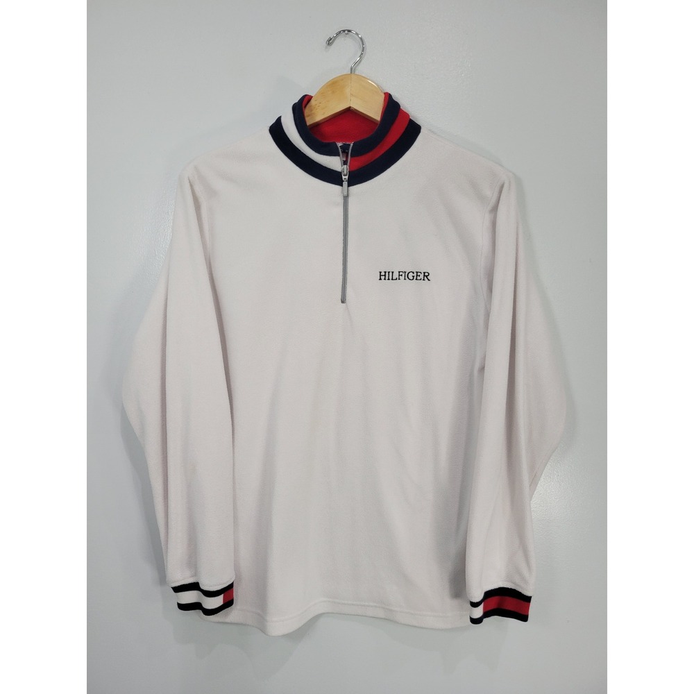 Tommy Hilfiger Vintage White Fleece Quarter Zip Pullover Mock Neck Womens Medium